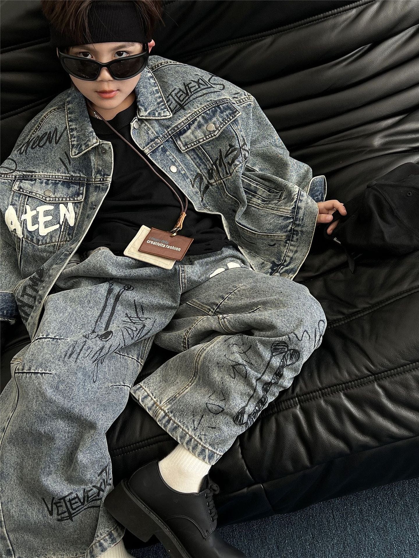 長袖セットアップ キッズセットアップ 2点セット レターロゴプリントデニムジェケット+ルーズデニムパンツジーンズ【mh0009132】