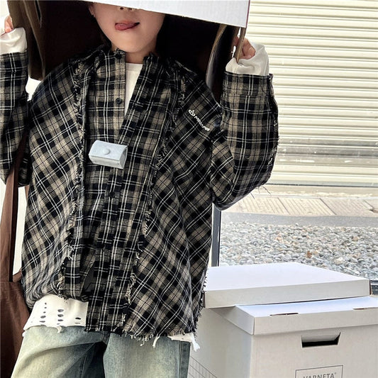 長袖シャツ・ブラウス キッズトップス チェックカットオフ長袖シャツ【mh0009138】