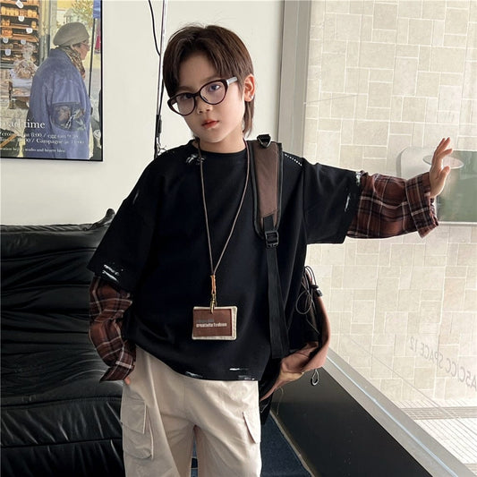 長袖シャツ・ブラウス キッズトップス チェックシャツドッキング長袖Tシャツ【mh0009136】