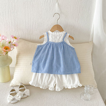 Spaghetti Strap Plaid Top Lace Shorts Set ラッフル ノースリーブチュニック ショートパンツ【mh0013421】 angou ノースリーブセットアップ