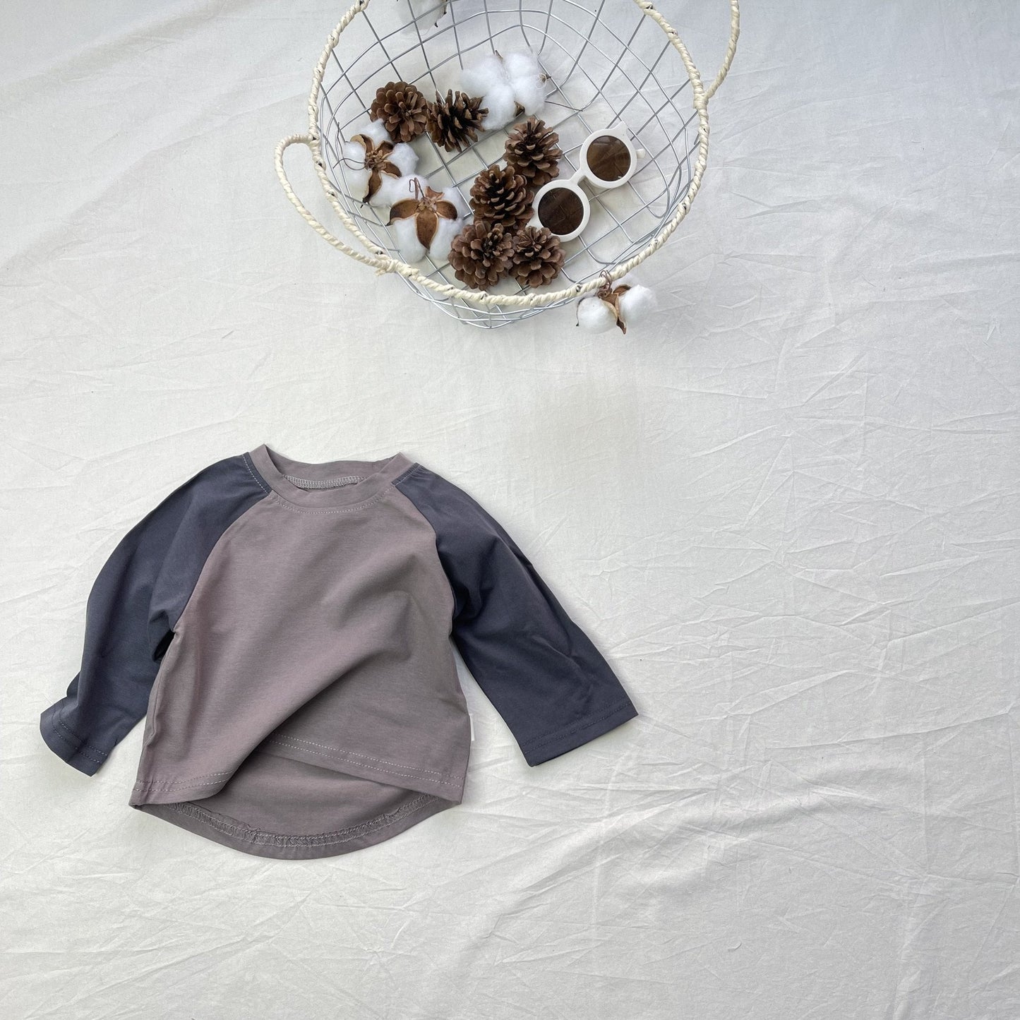 Stitched Round Neck Long Sleeve Tee パッチワーク クルーネック 長袖Tシャツ【mh0012301】 yi nian ni