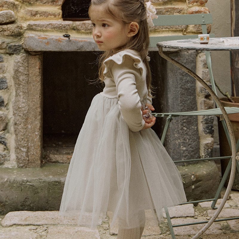 長袖ワンピース Apricot / 90cm キッズワンピース ショルダーフリルカットソードッキングチュールスカート長袖ドレスワンピース【mh0009052】