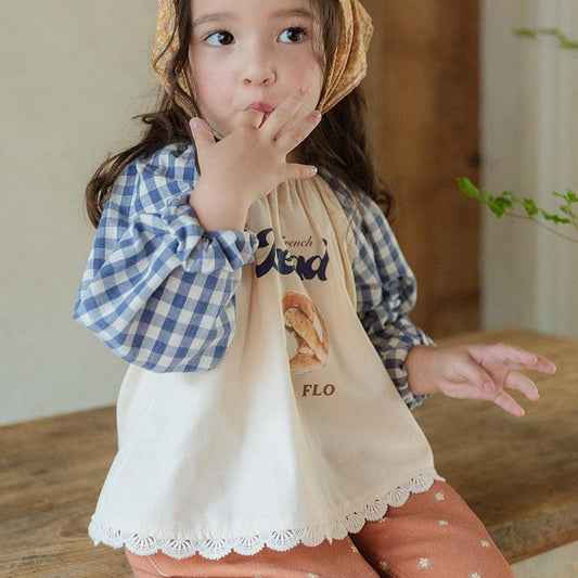 長袖シャツ・ブラウス キッズトップス ブレッドプリントチェック袖パッチワーク長袖スモックブラウス【mh0009049】