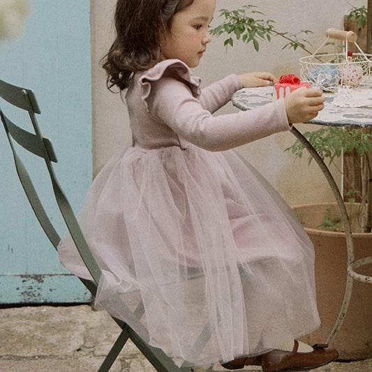 長袖ワンピース キッズワンピース ショルダーフリルカットソードッキングチュールスカート長袖ドレスワンピース【mh0009052】