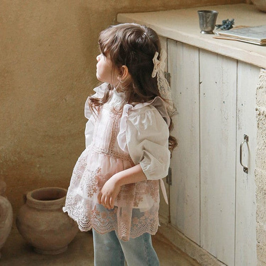 ノースリーブワンピース キッズトップス シアーレースエプロンドレス重ね着チュニックブラウス【mh0009070】