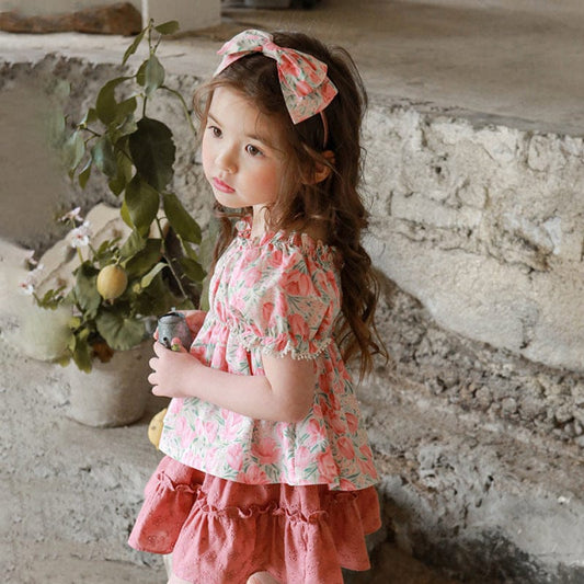 半袖シャツ・ブラウス フラワープリントガーリー半袖パフスリーブブラウス【mh0010274】