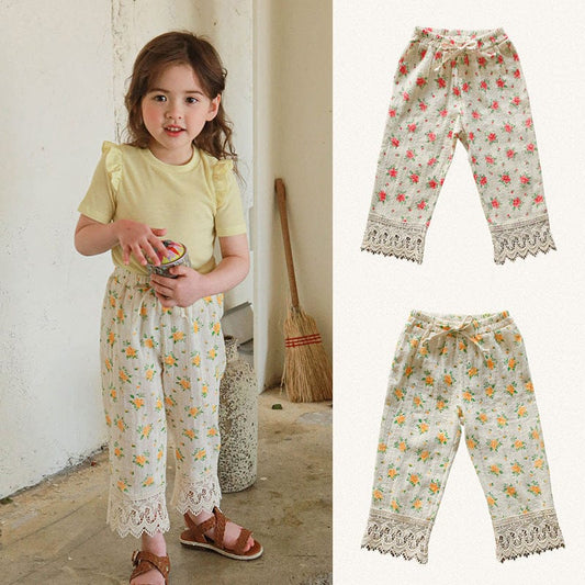 ロングパンツ・スウェットパンツ フラワープリント裾レースクロップドパンツ【mh0010290】