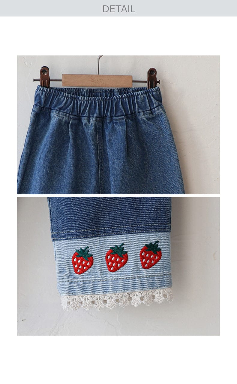 デニムパンツ ストロベリー刺繍レース裾ワイドデニムパンツ【mh0010819】