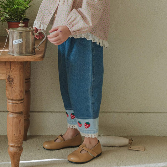 デニムパンツ ストロベリー刺繍レース裾ワイドデニムパンツ【mh0010819】