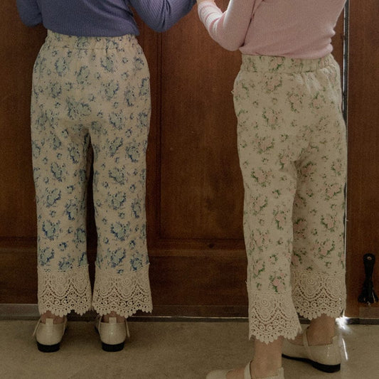 ロングパンツ・スウェットパンツ 裾レース花柄パンツ イージーウエスト ボトムス【mh0010831】