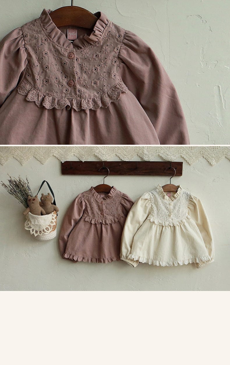 長袖シャツ・ブラウス フリルスタンドカラーブラウス 刺繍レース切り替えトップス【mh0010837】