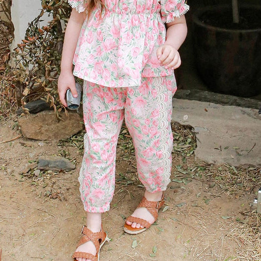 ロングパンツ・スウェットパンツ Pink / 90cm フラワープリントサイドレースクロップドパンツ【mh0010278】