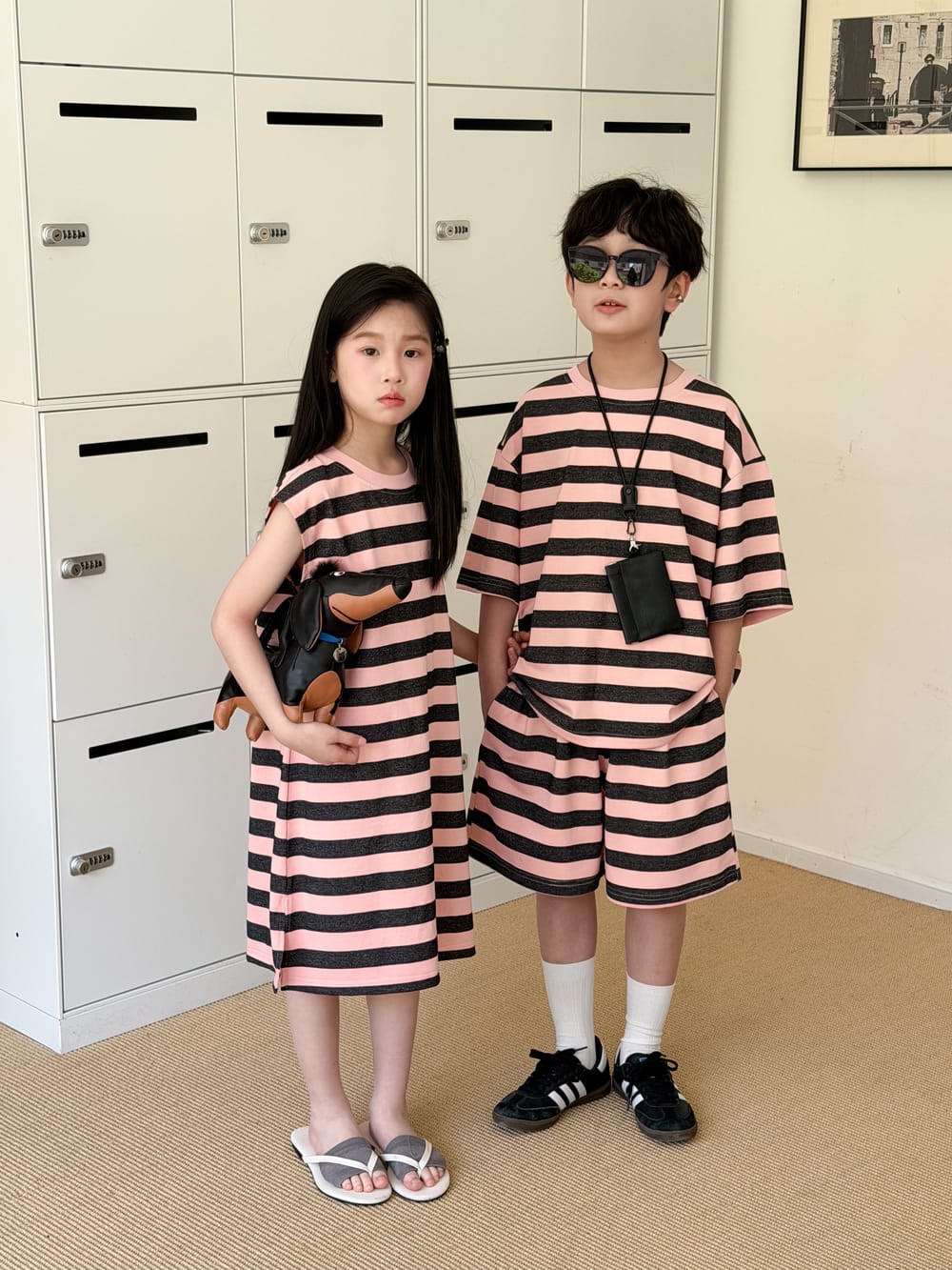 Stripe Loose T-shirt Dress And Shorts Set ボーダー 半袖Tシャツ ハーフパンツ ノースリーブワンピース【mh0013520】 Dress / 100cm KUMAI.KIDS 半袖セットアップ