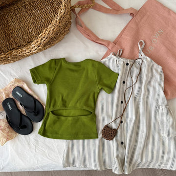 Striped Dress & Back Design Tee ストライプ ワンピース バックシャン Tシャツ【mh0012763】 Green short sleeves / 90cm MaiTianJi 半袖セットアップ