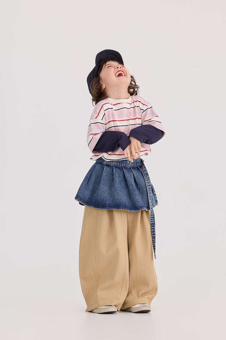 Striped Patchwork Crew Neck Top ストライプ パッチワーク 長袖Tシャツ【mh0012372】 HEY BOOBII