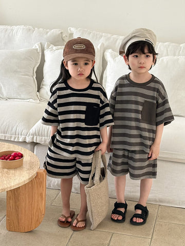 Striped Wide Pocket Short Sleeve Shorts Set ボーダー 半袖Tシャツ ハーフパンツ セット【mh0013467】 Jiaye Kids 半袖セットアップ