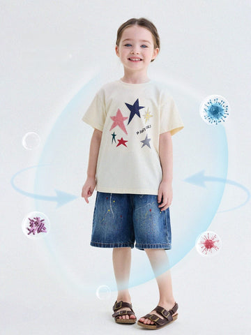 アップリケ パッチワーク 星 フルーツ クルーネック 半袖Tシャツ【mh0013743】 yunerma 半袖Tシャツ