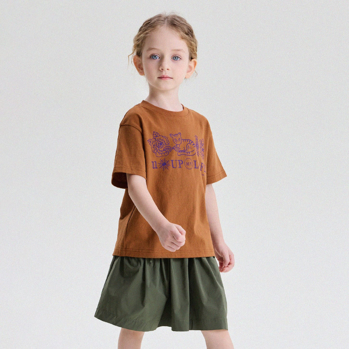 キッズ クルーネック キャットモチーフ レトロプリント 半袖Tシャツ【mh0013779】 Brown / 80cm yunerma 半袖Tシャツ
