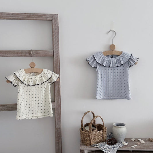 ドット柄 ラッフル襟 バックボタン 半袖Tシャツ【mh0013803】 mamahalo kids 半袖Tシャツ