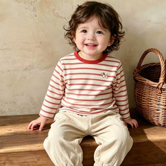 子どもが着用:ボーダー長袖Tシャツとライトカーキのサロペットパンツ