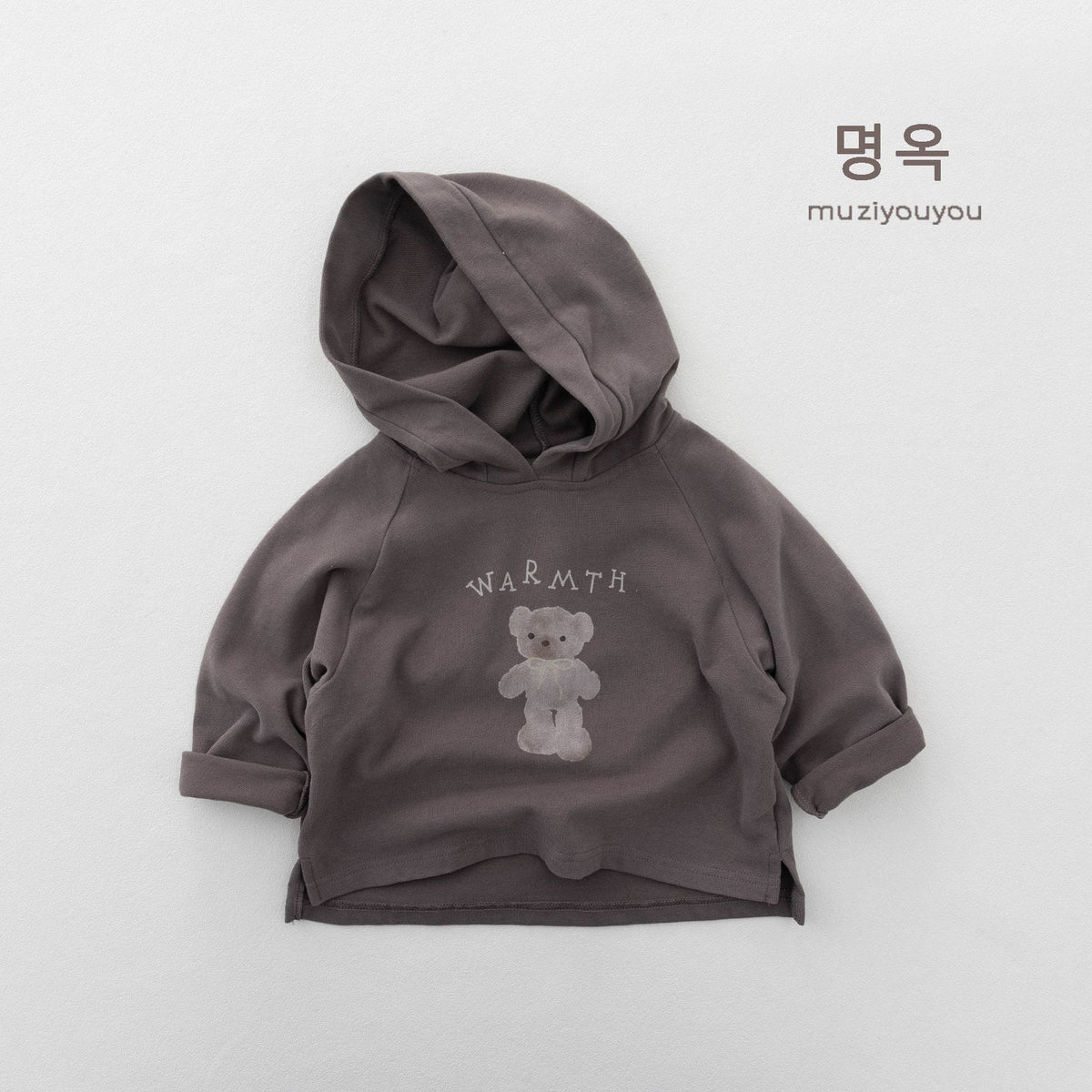フード付き長袖Tシャツ(グレー) 胸元ベア&「WARMTH」プリント