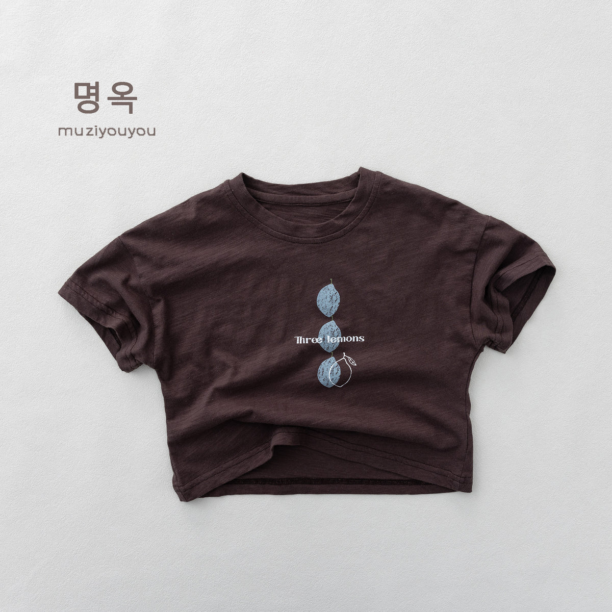 ダークブラウンの半袖Tシャツ、レモンのフロントプリント