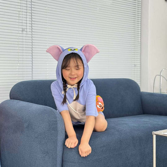 半袖セットアップ ベビーキッズセットアップ 3点セット ねこネズミフーディ半袖トップス+ショートパンツ+ポシェット トムとジェリーコスチューム【mh0009086】