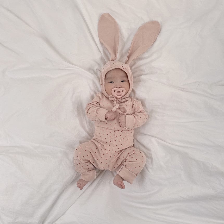 長袖セットアップ ハートプリントトップス+レギンスセット うさ耳帽子 3点セット【mh0011177】