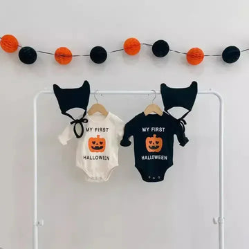 長袖ロンパース ベビーコスチューム ジャックオーランタンパンプキンかぼちゃハロウィン長袖ロンパース+耳付きニットキャップセット Halloween 👻【mh0007342】