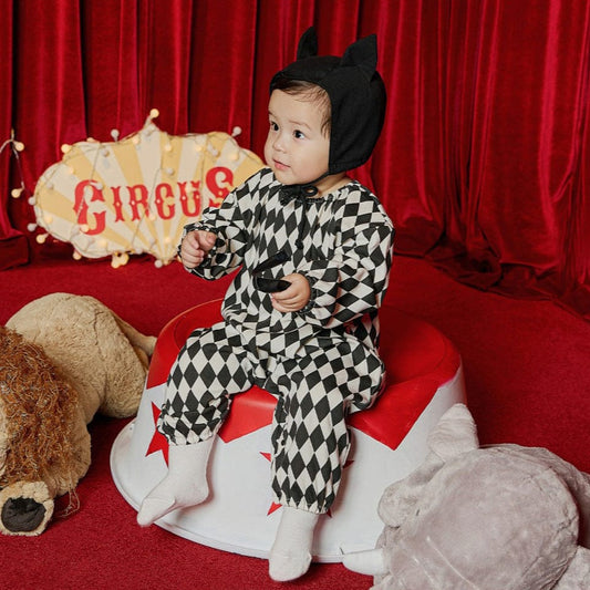 長袖ジャンプスーツ jumpsuit / 66cm ハロウィンコスチューム ダイヤチェックピエロクラウンジャンプスーツ/デビルハット【mh0010553】