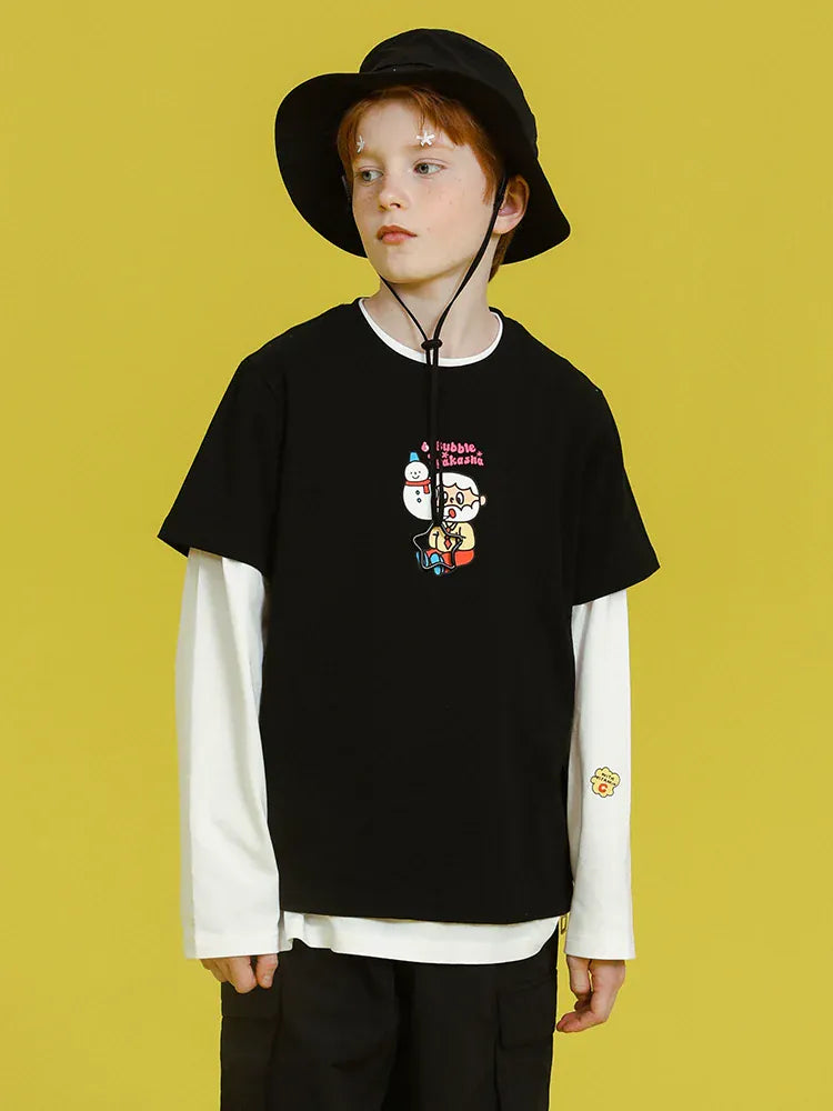黒のプリントルーズ半袖Tシャツ フロントに小さめキャラクタープリント