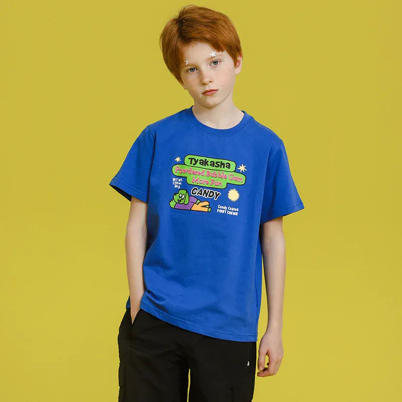 青のプリントルーズ半袖Tシャツ フロントにグリーンのグラフィック
