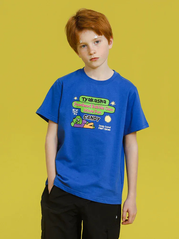 青のプリントルーズ半袖Tシャツ フロントにカラフルなグラフィック