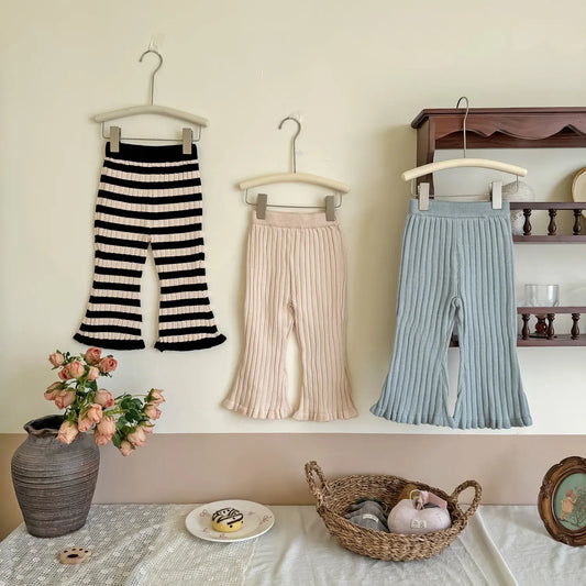 レギンスパンツ キッズパンツ 太リブニットフレアレギンスパンツ 無地/ボーダー 3カラー【mh0006741】