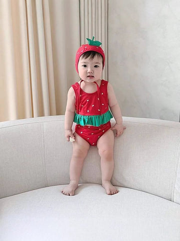 Watermelon Theme Three-Piece Swimwear スイカ タンキニ スイムパンツ スイムキャップ セット【mh0013364】 TOMMY'S GIFTS ベビー用水着
