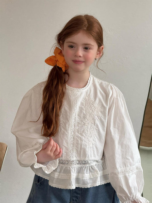 White Embroidered Lace Doll Shirt 刺繍 クルーネック ブラウス【mh0012316】 Jianzidan