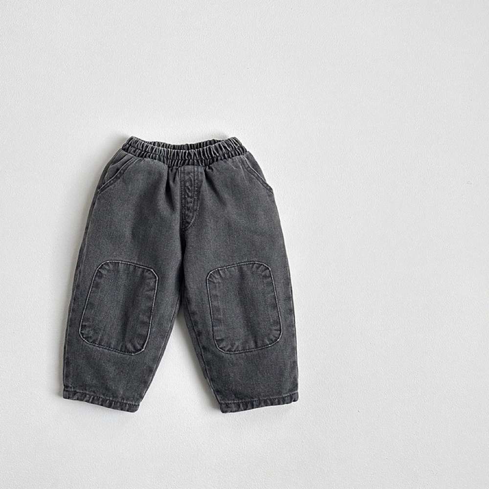 デニムパンツ Black Gray / 73cm ワイドデニムパンツ | 膝パッチポケット | イージーウエストロングパンツ【mh0011483】