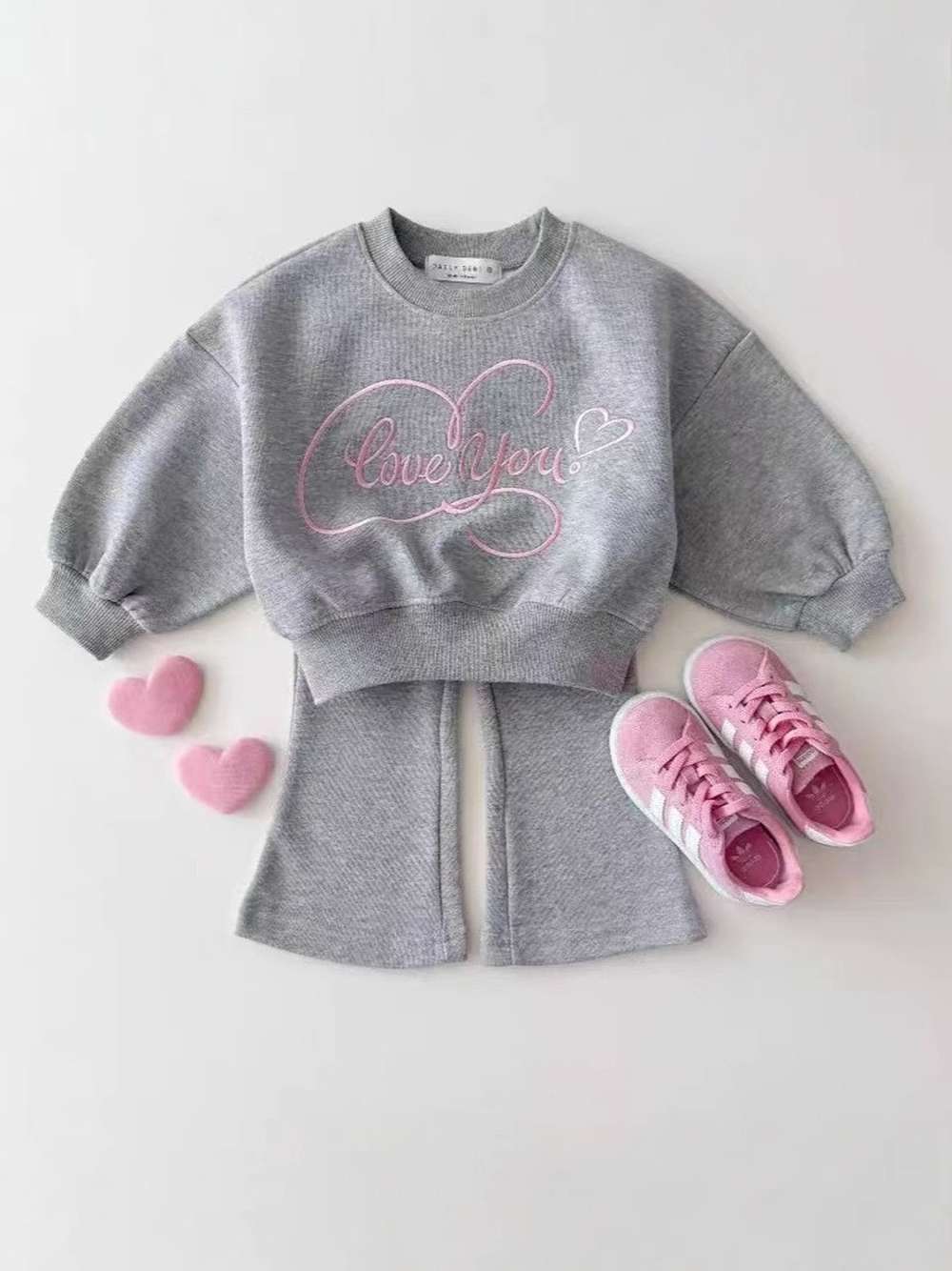 長袖セットアップ Gray / 73cm ロゴ刺繍スウェット + フレアパンツ | 裏毛セットアップ【mh0011490】