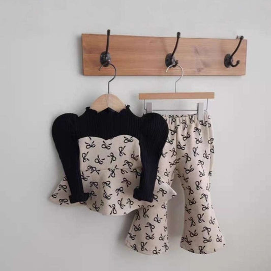 長袖セットアップ Khaki / 73cm リボン柄ペプラムトップス + フレアパンツ | パフ袖セットアップ | リンクコーデ【mh0011489】