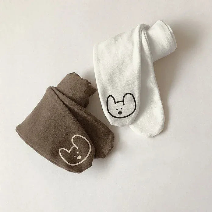 くまプリント足付きレギンス、白とブラウンの2色セット