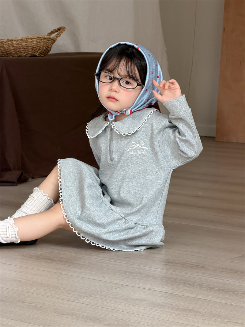 長袖ワンピース Embroidery Lapel Sweatshirt Skirt 刺繍 襟付きワンピース【mh0012188】