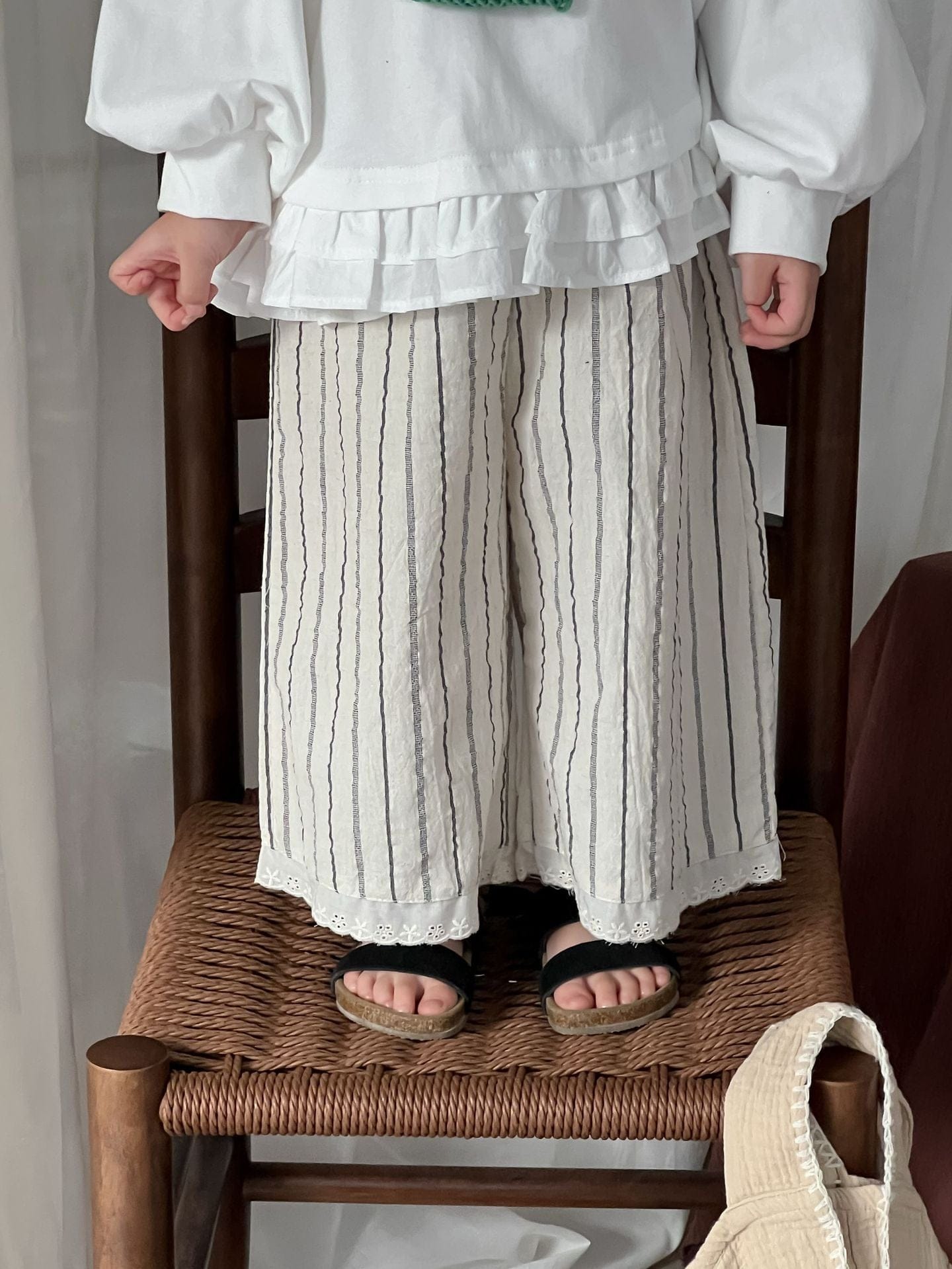 ロングパンツ・スウェットパンツ キッズパンツ ストライプ裾レースワイドルーズイージーパンツ【mh-0008978】