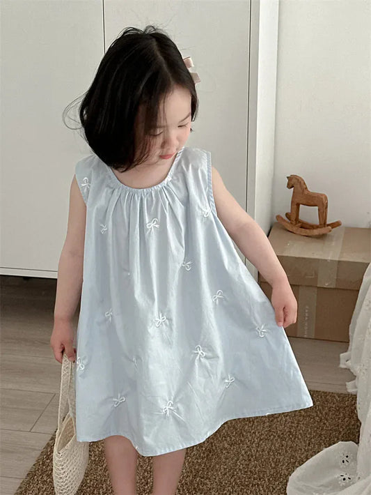 ノースリーブワンピース キッズワンピース ノースリーブルーズワンピース リボン刺繍 ブルー【mh0006022】
