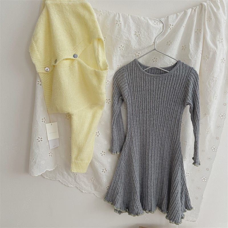 長袖ワンピース リブ編みメロウフリルウールニットワンピース【mh0011254】