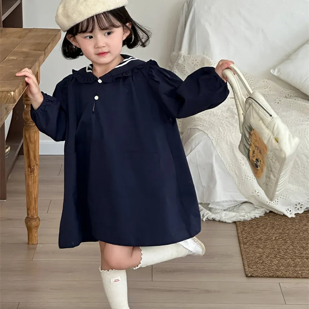 セーラーカラー長袖ワンピース(ネイビー)ボリューム袖とフリル襟