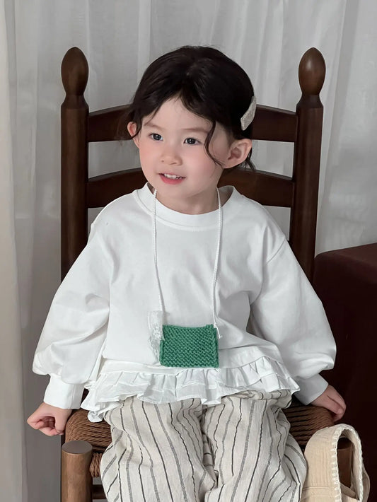 長袖シャツ・ブラウス キッズトップス 裾フリルドロップショルダー長袖パフスリーブTシャツ【mh0008903】