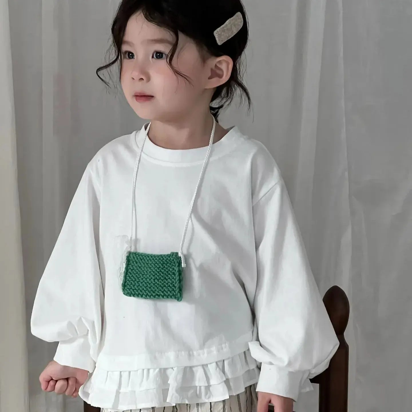 長袖シャツ・ブラウス White / 18M (80) キッズトップス 裾フリルドロップショルダー長袖パフスリーブTシャツ【mh0008903】