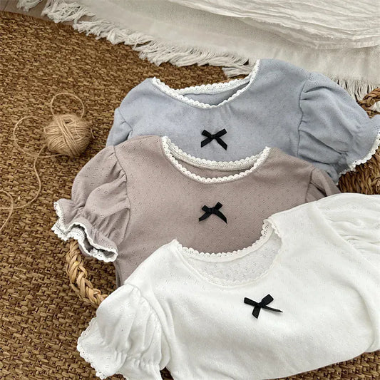 半袖Tシャツ キッズトップス 半袖パフスリーブカットソー ブラウス レースニット 3カラー【mh0005016】