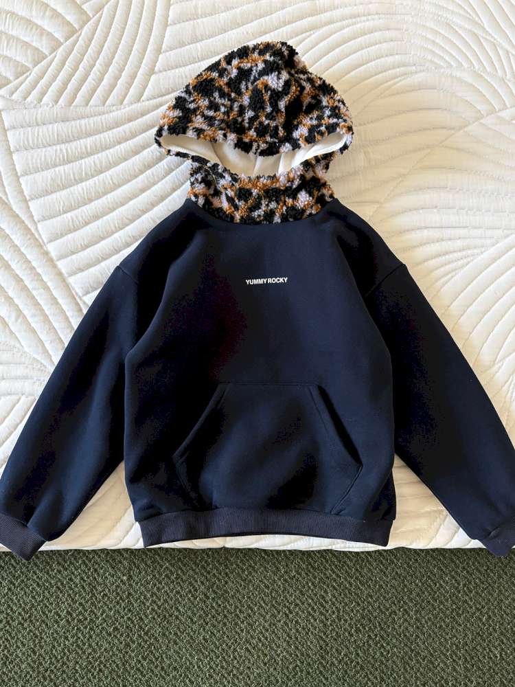 トレーナー・フーディ Navy blue / 110cm yummy&rocky | 3D Leopard Print Splicing Hoodie レオパード柄 裏起毛 フーディー【mh0020059】