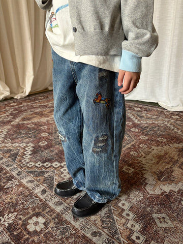 デニムパンツ yummy&rocky | Embroidered Ripped Heavy Jeans 刺繍クラッシュ加工ヘビーデニム【mh0020107】
